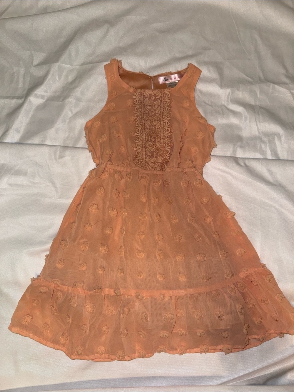 Girls' Peach Lace-Trim Sleeveless Dress